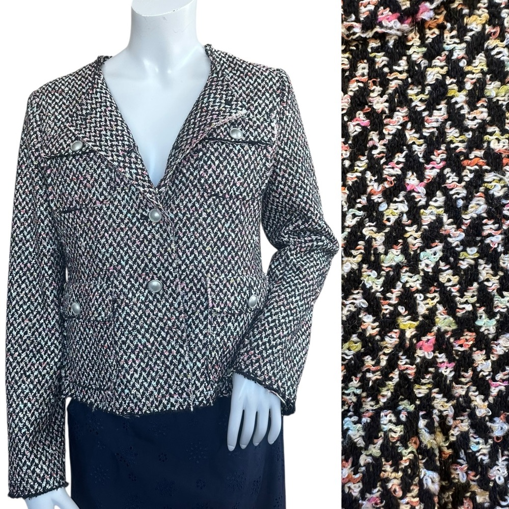 AQUA Pastel Rainbow & Black Tweed Old Money Raw Edge Blazer Jacket Size Medium